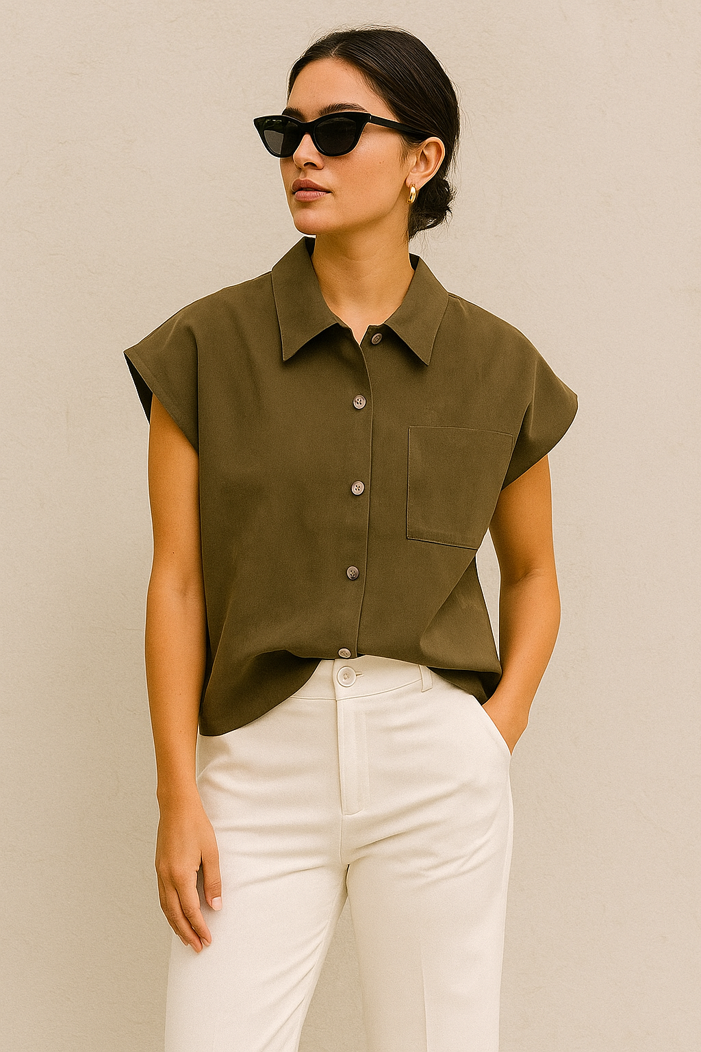 Green Colour Formal Look Crop Shirt For Office