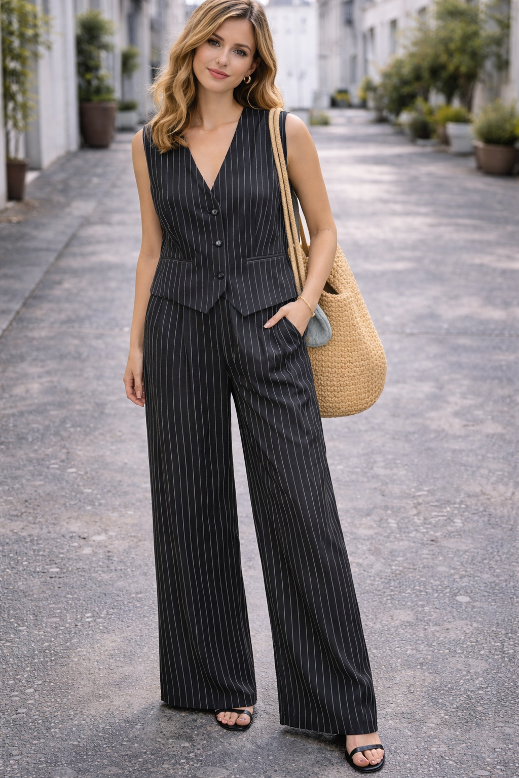 Black V Neck Top With High Waist Trouser For Girls