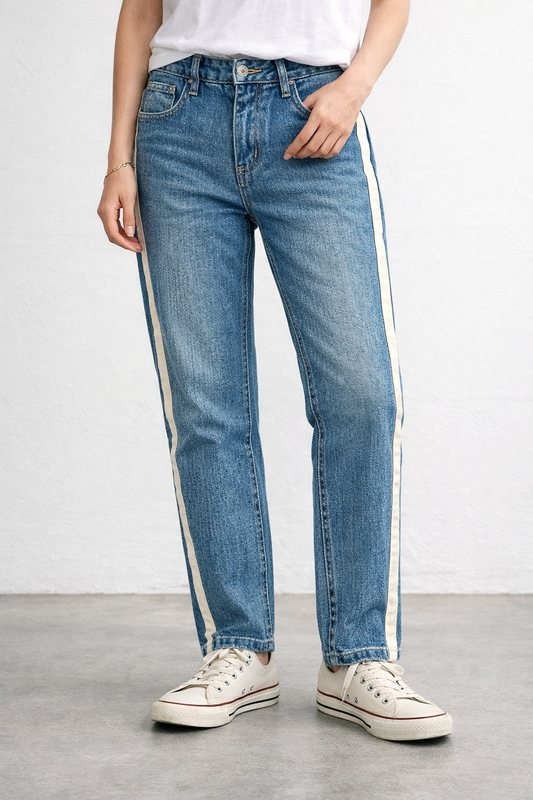 Sided White Strip Jeans For Women