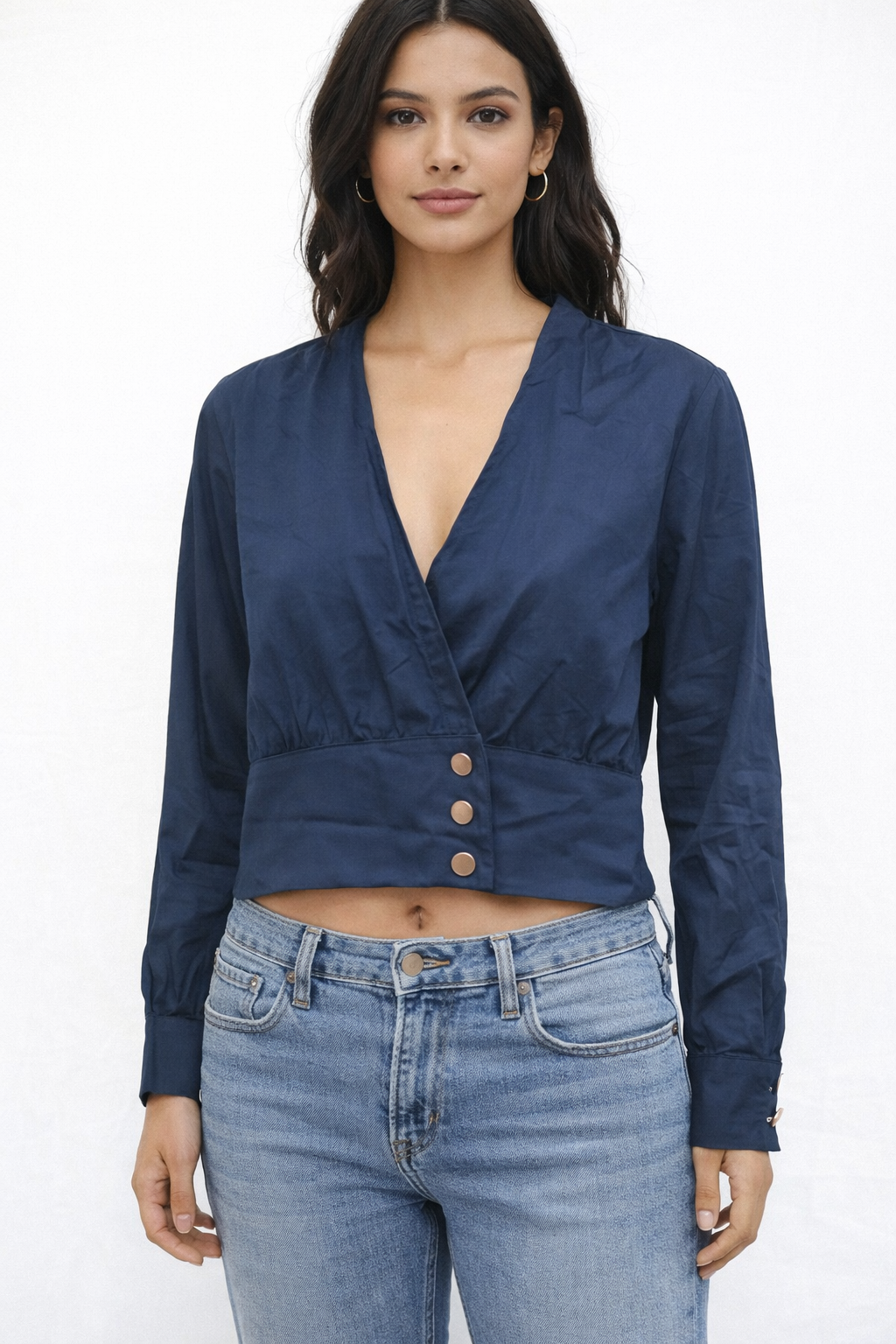 Party Wear V Neck Blue Full Sleeve Top For Women