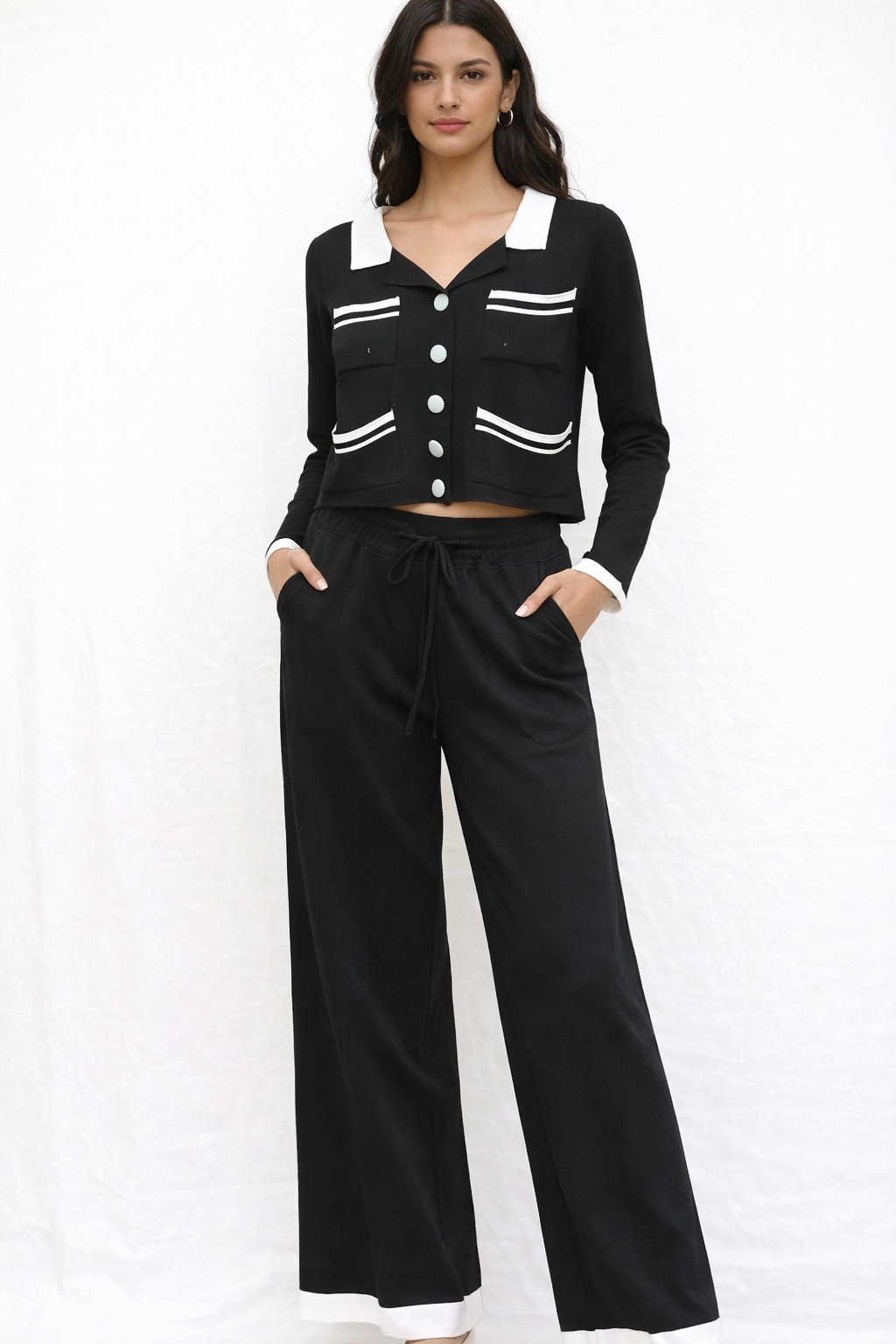 Casual Women Black Top And High Waisted Pant Set