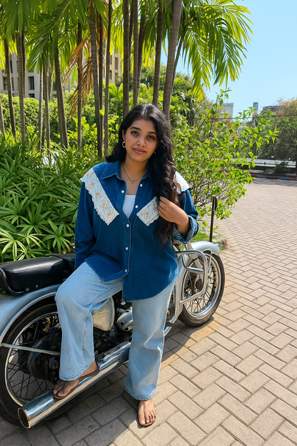 Full sleeve embroidery denim shirt for women's
