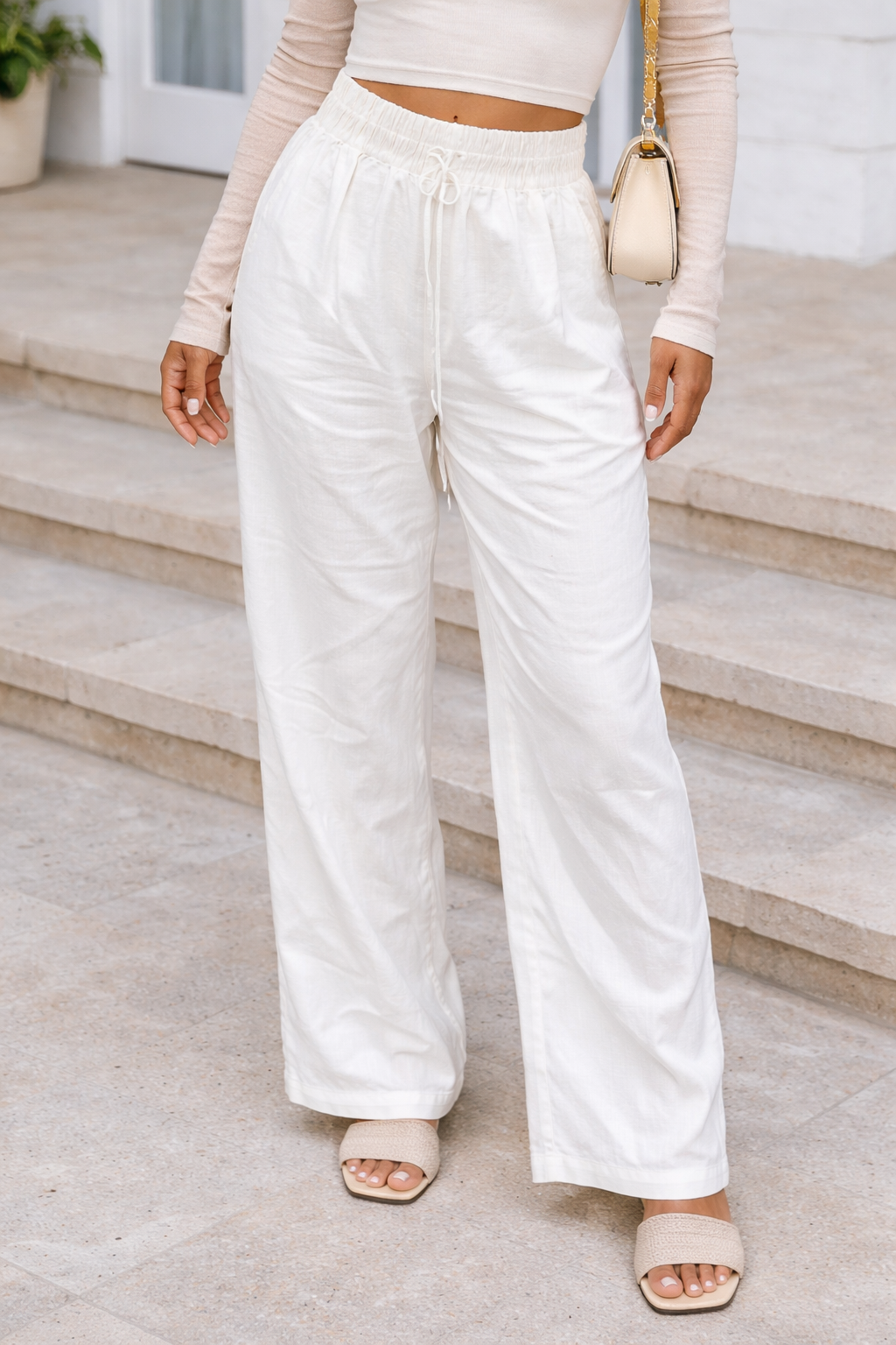 White High Waisted Casual Wear Pant