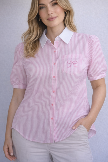 Puff Sleeve Bow Shirt For Girls