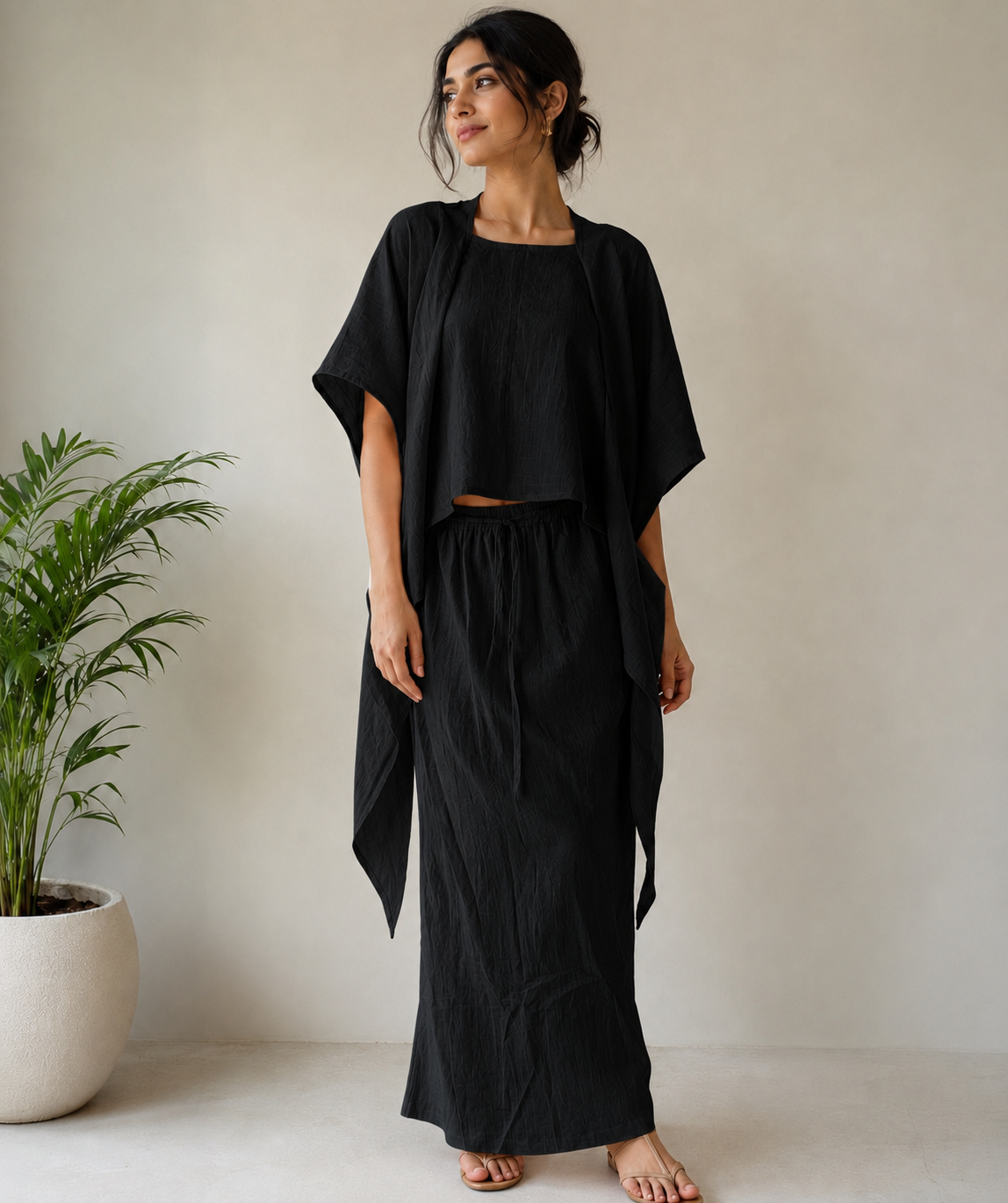 Shoulder Scarf Round Neck Top with skirt