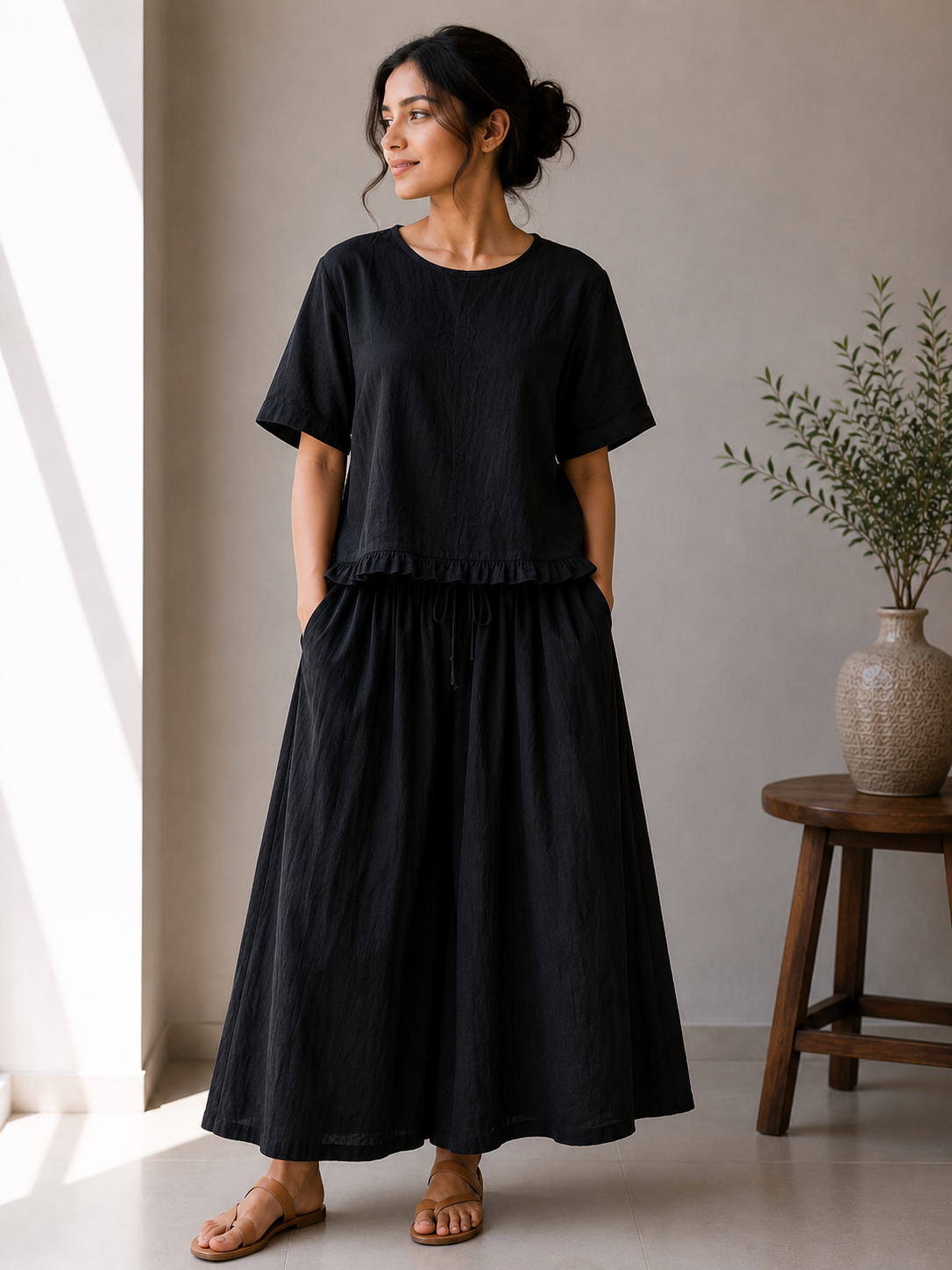 Round Neck Top With Skirt Set