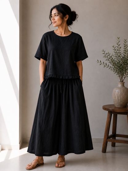 Round Neck Top With Skirt Set