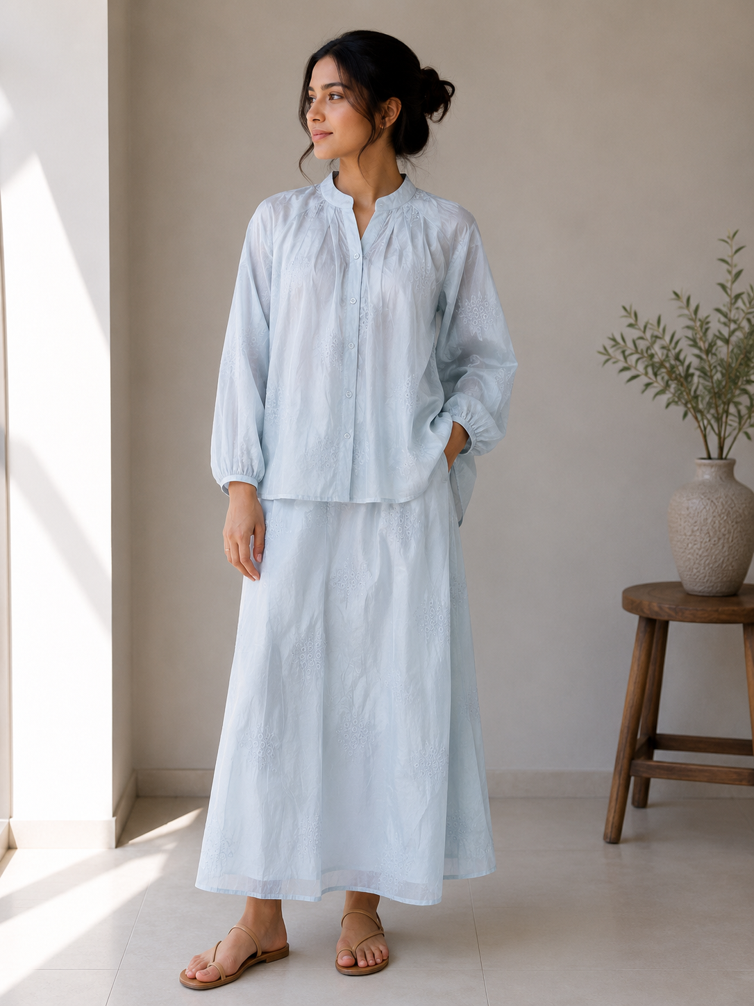 Embroidery Chinese Collar Top With Skirt