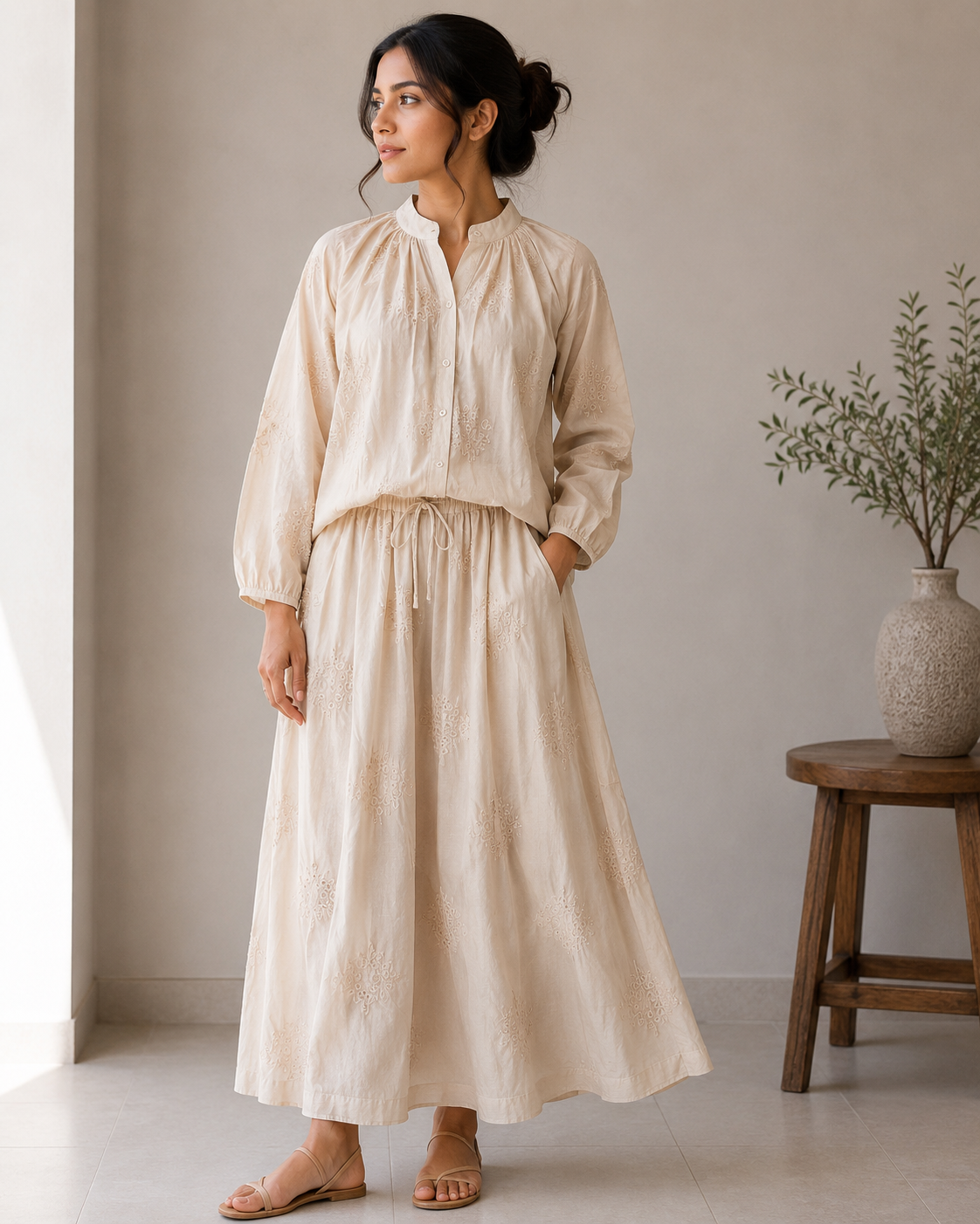 Embroidery Chinese Collar Top With Skirt