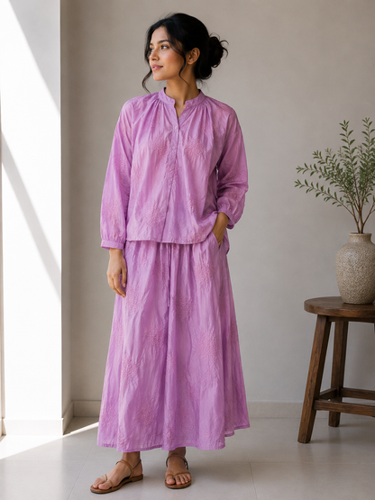 Embroidery Chinese Collar Top With Skirt