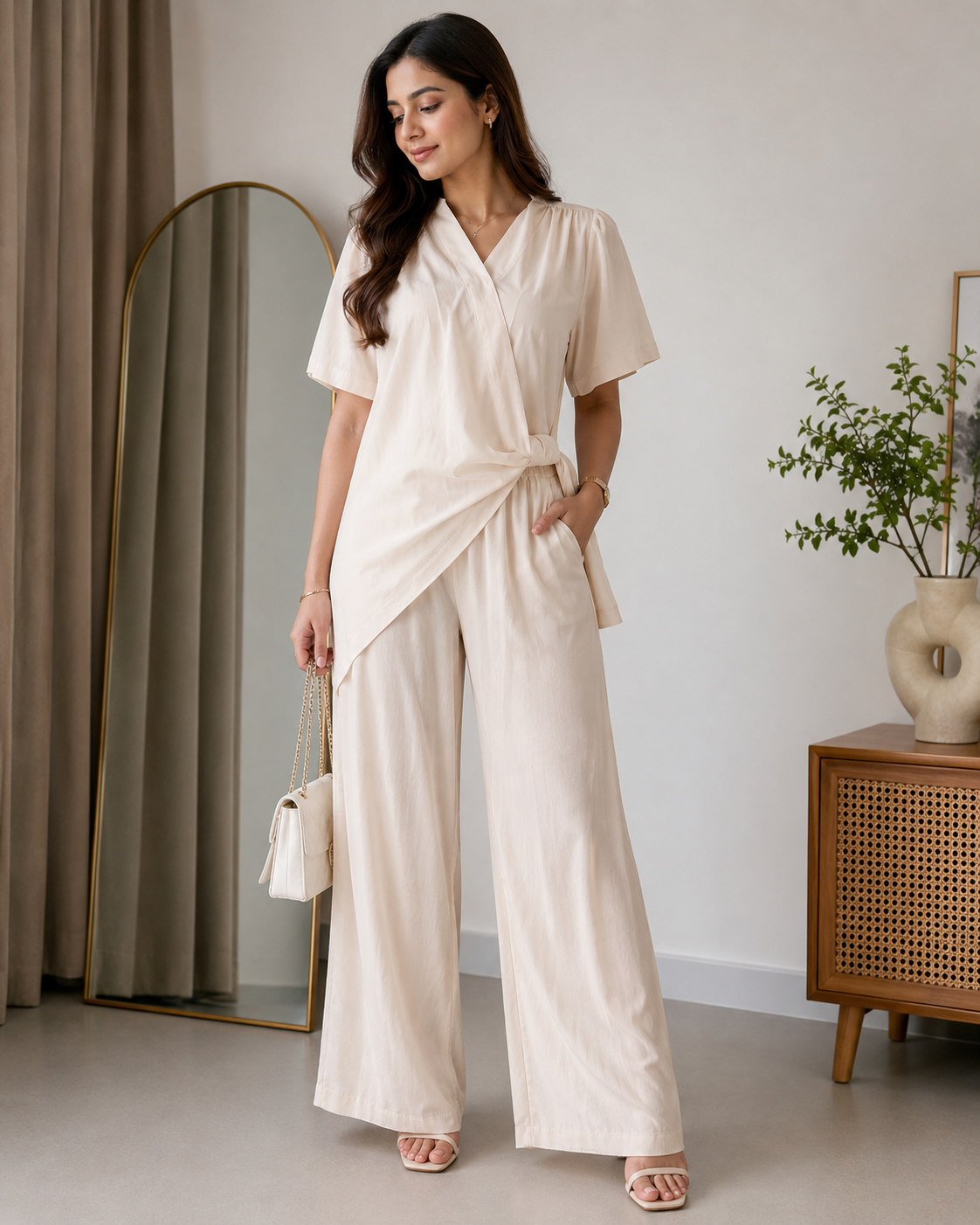 Elegant V Neck Cross Knot With Pant