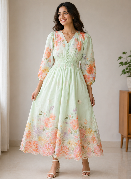 Flower printed v neck dress