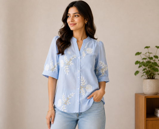 Embroidery sky blue shirt