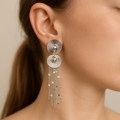 Attractive design silver long tassel earring