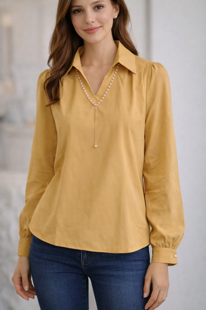 Long Hand Shirt With Collar Pearl Necklace