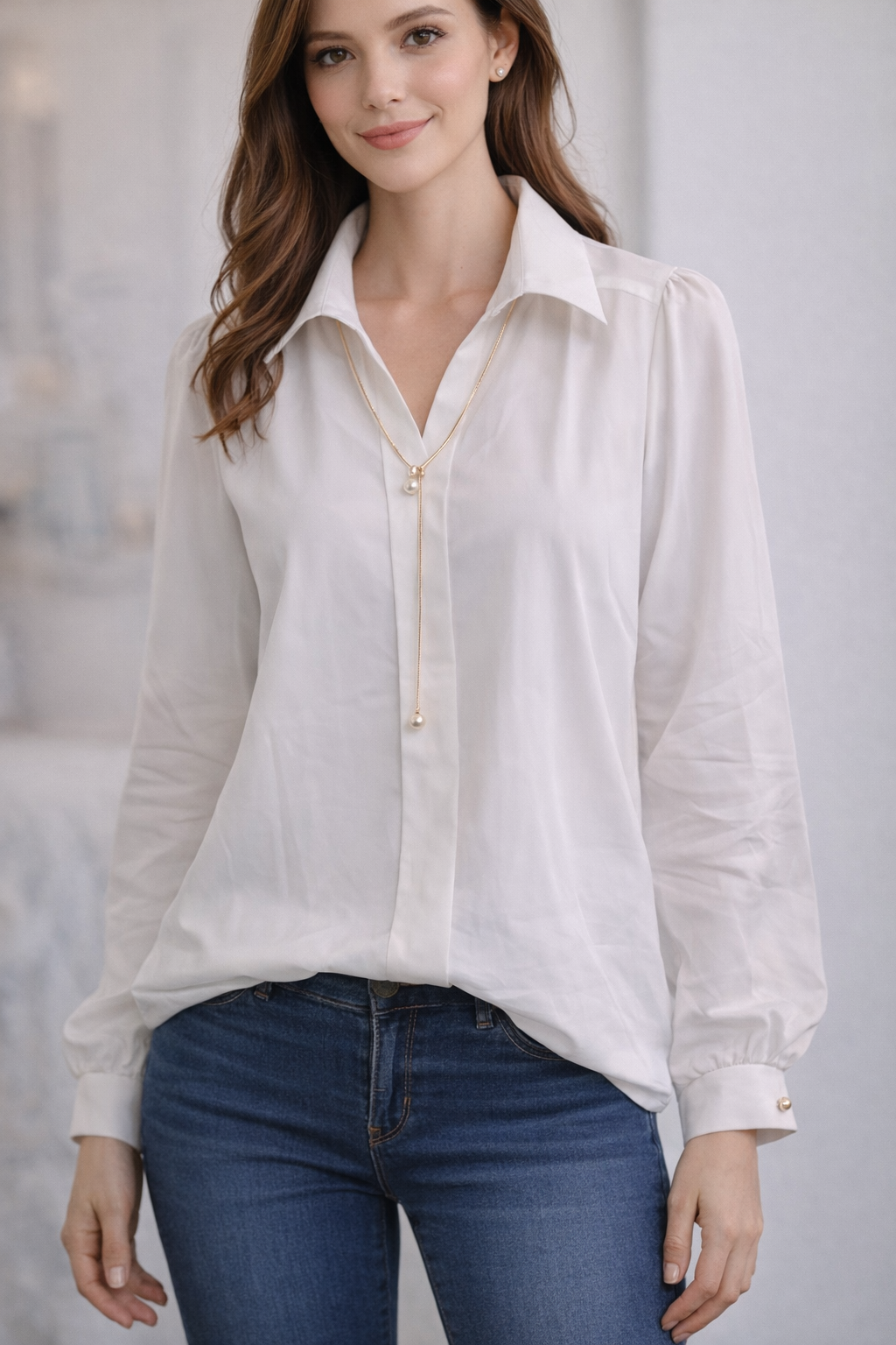 Shirt With Collar Long Pearl Necklace