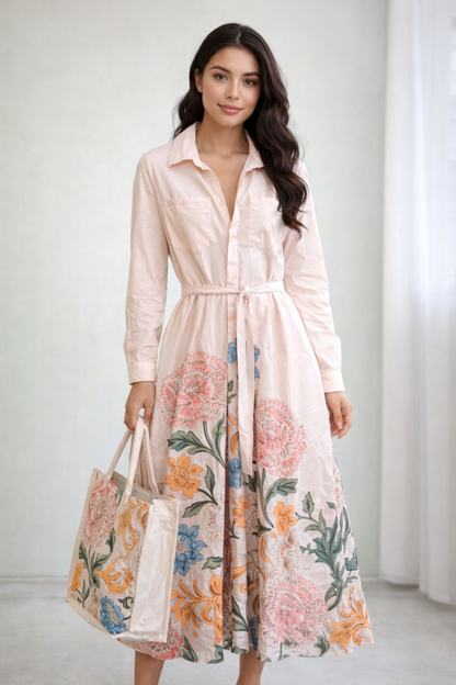 Blue Flower Print Dress With Bag