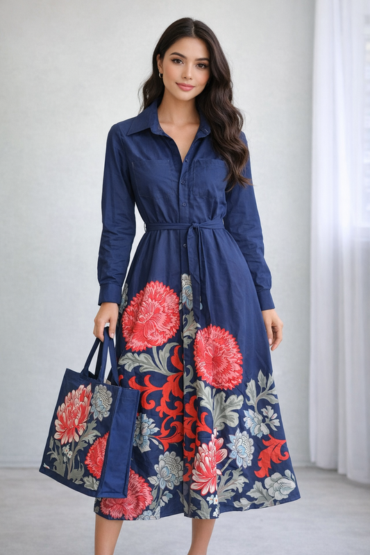 Blue Flower Print Dress With Bag