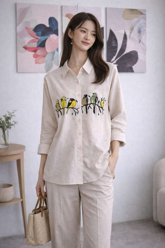 Beautiful Yellow & Green Shaded Bird Painted Shirt For Girls