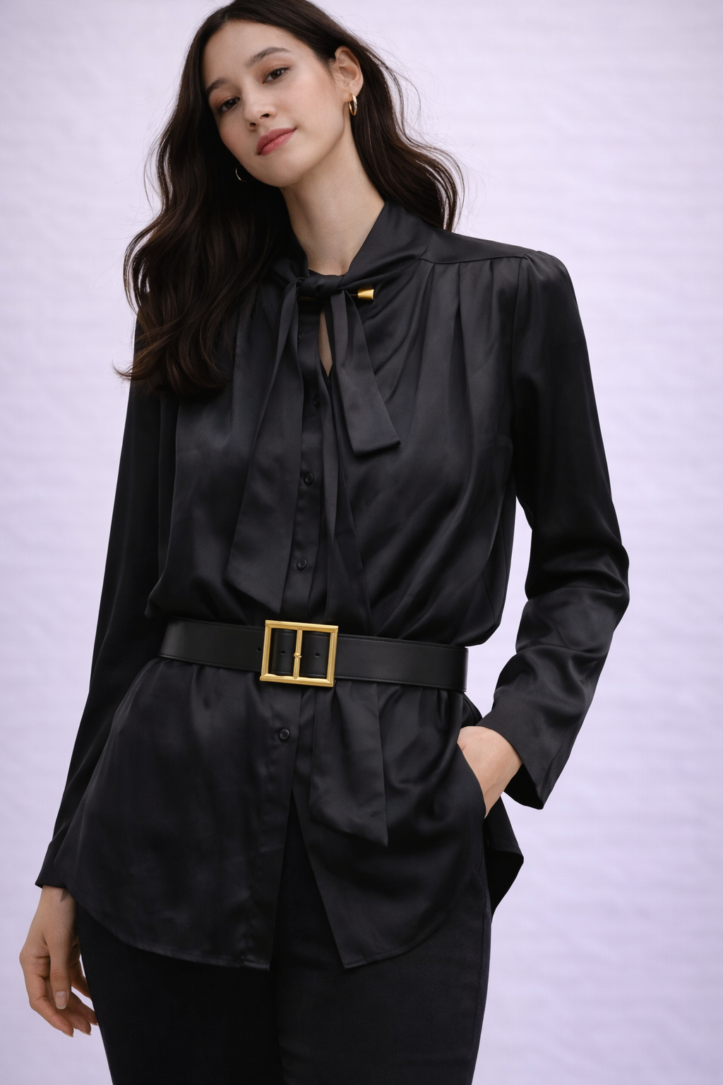 Long sleeves with belt long shirt dress for formal