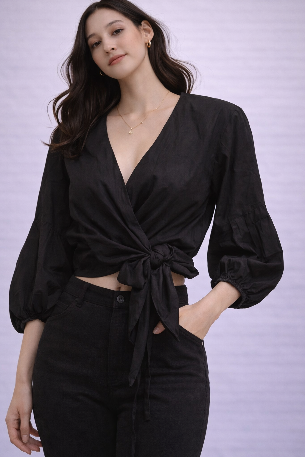 Black V Neck Knot Style Top