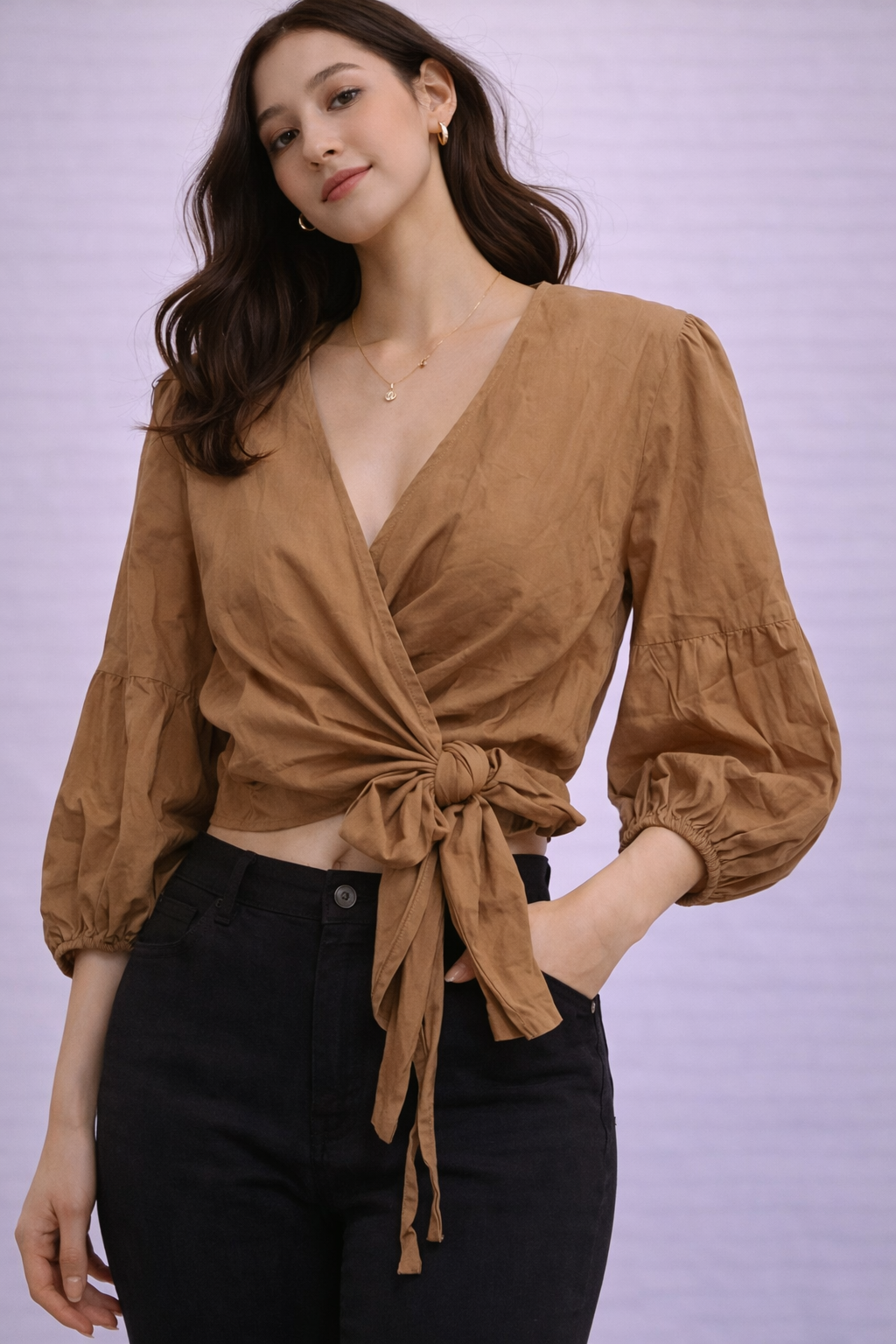 Brown V Neck Knot Style Top