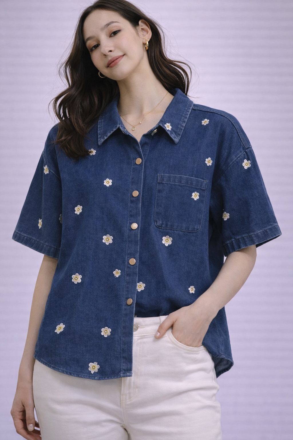 Flower Design Royal Blue Jeans Shirt
