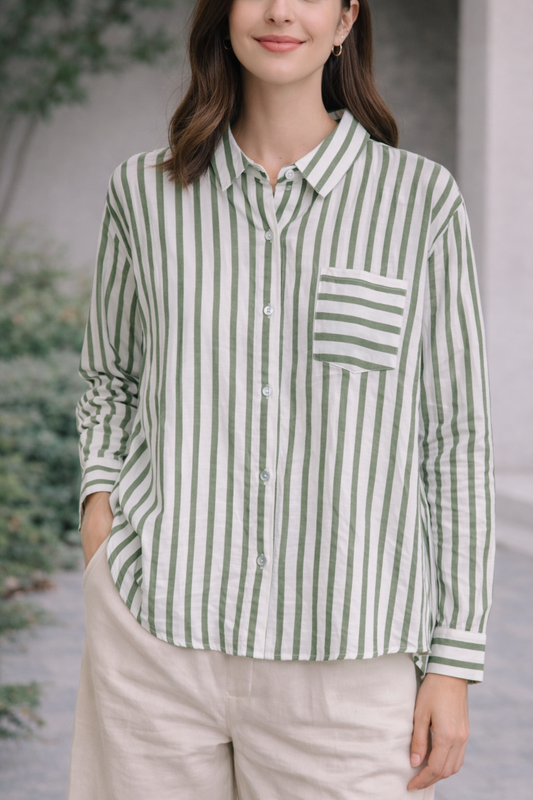 Green Colour Line Print Shirt For Girl