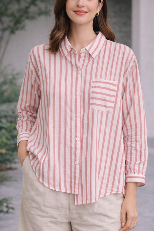 Cream Colour Line Print Shirt For Girl