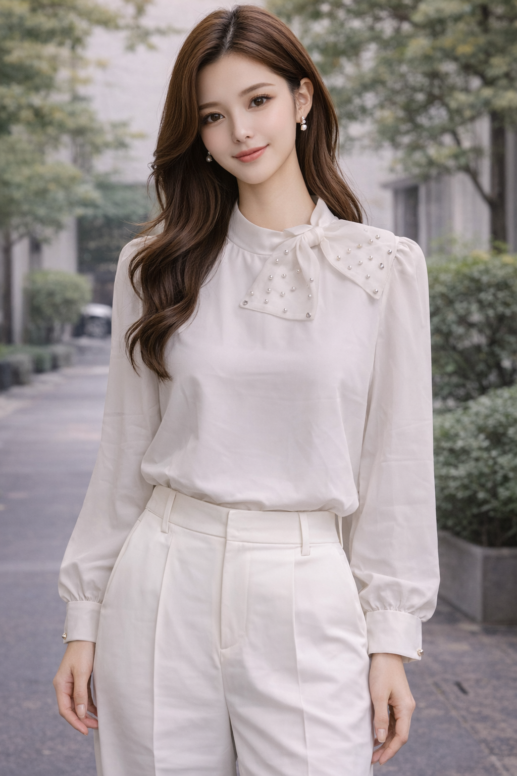 Pearl Design Neck Long Shirt For Women