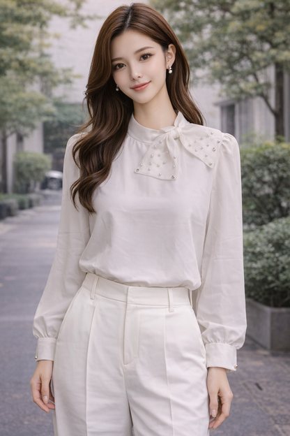 Pearl Design Neck Long Shirt For Women
