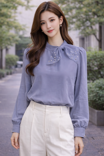 Pearl Design Neck Long Shirt For Women
