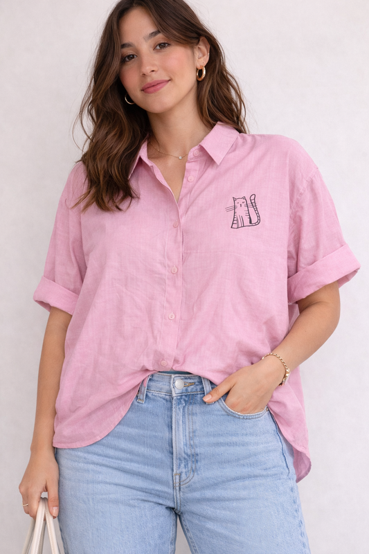 Cat Print Pink Shirt For Girls