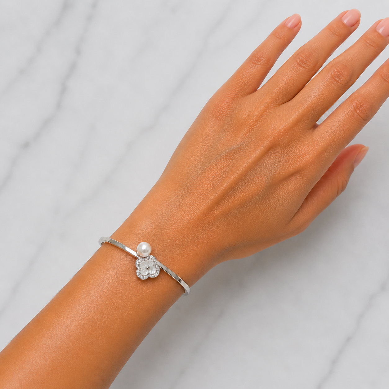 Silver Cubic Flower With Pearl Charm Bracelets