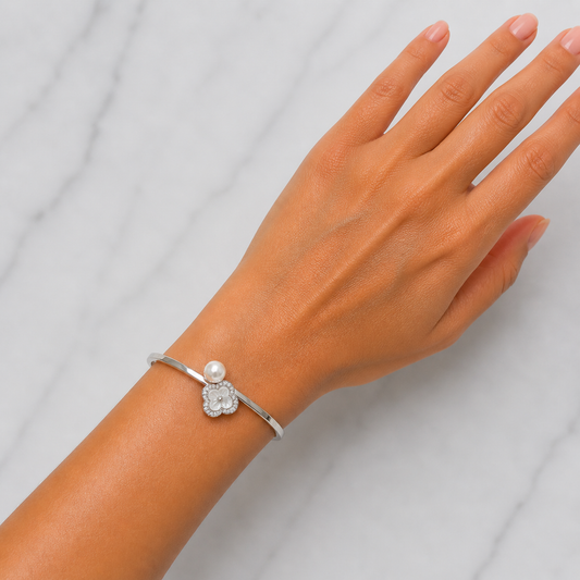 Silver Cubic Flower With Pearl Charm Bracelets