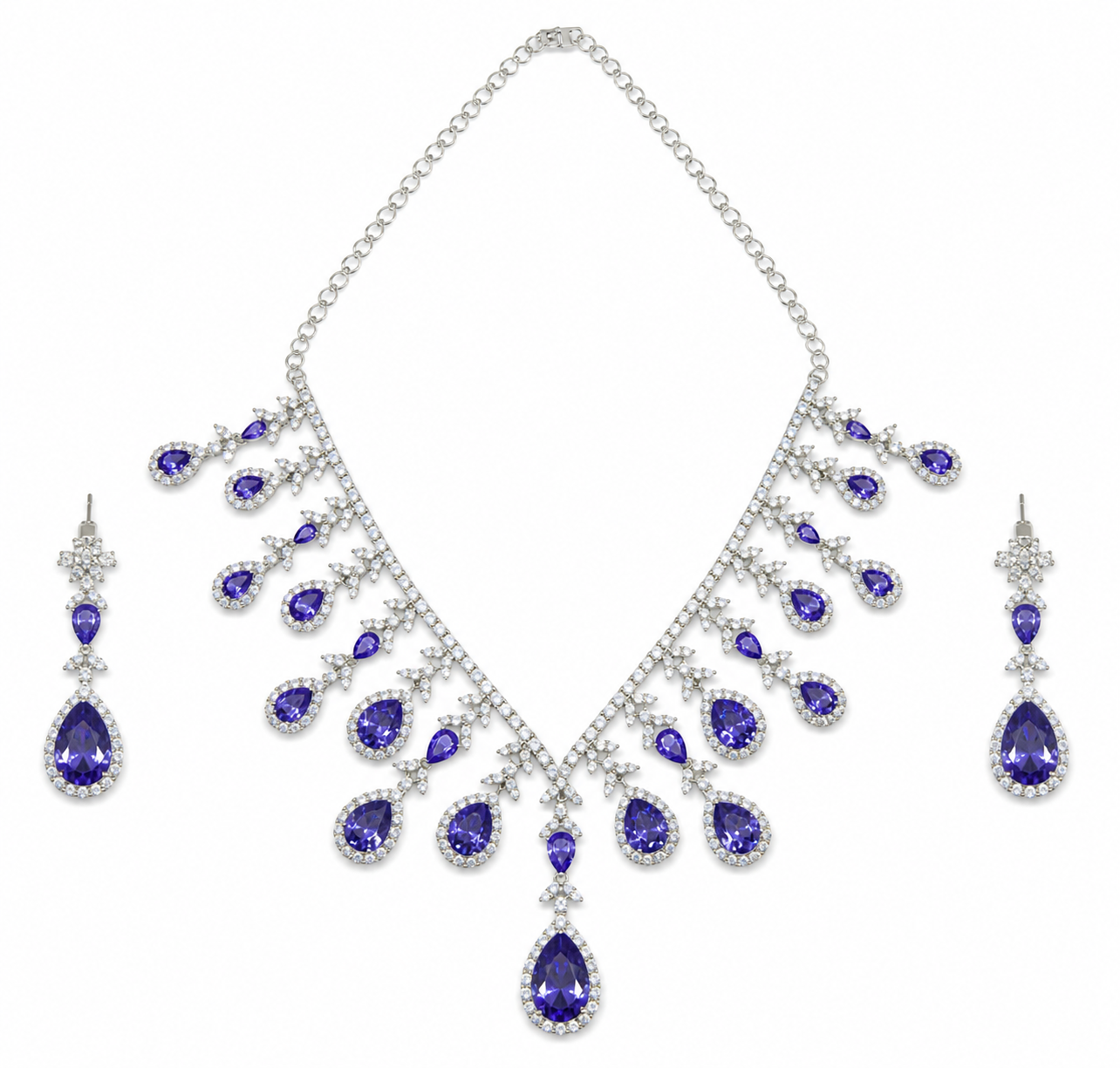 Classic Design Blue Stone Diamonds Necklace Set For Women