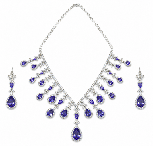 Classic Design Blue Stone Diamonds Necklace Set For Women