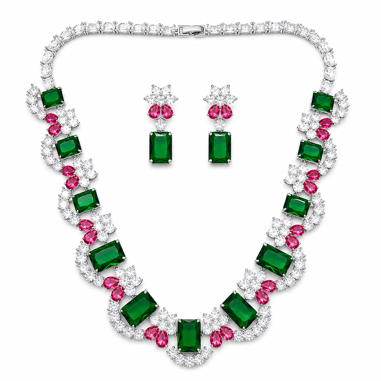 Elegant Flower Design Pink & Green Diamonds Necklace Set
