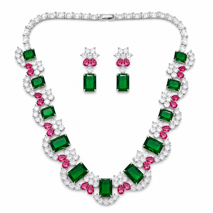 Elegant Flower Design Pink & Green Diamonds Necklace Set