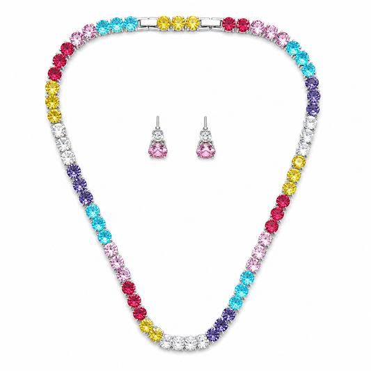 Classy Rainbow Colour Cubic Diamonds Tennis Chain Necklace Set