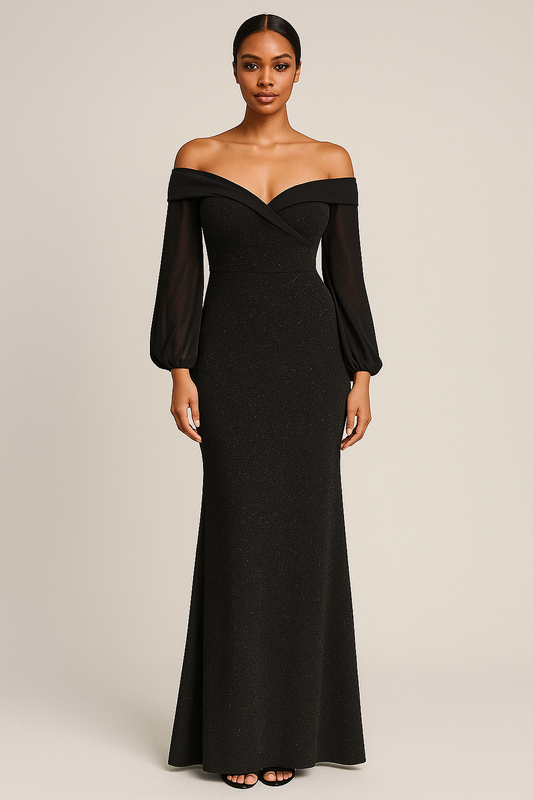 Bold Black Off Shoulder Long Gown Dress