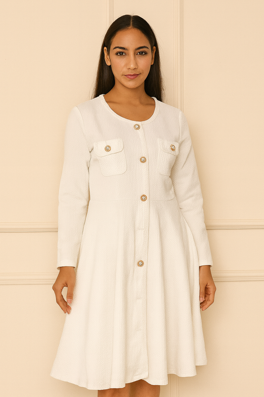 White Long Sleeve Pearl Button Dress For Girls
