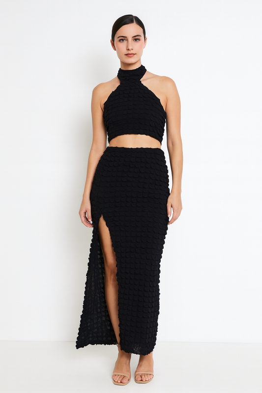 Black two pice set with crop to long skirt