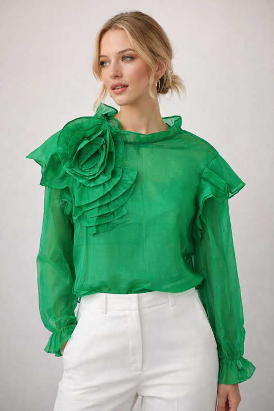 3D Floral Decorate Semi-sheer Puff Sleeve Chiffon Blouse Women's Shirt