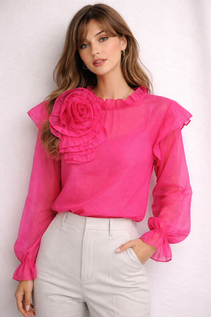 3D Floral Decorate Semi-sheer Puff Sleeve Chiffon Blouse Women's Shirt