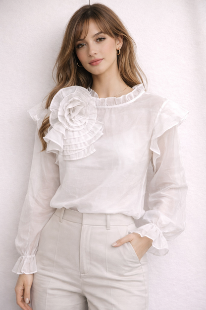 3D Floral Decorate Semi-sheer Puff Sleeve Chiffon Blouse Women's Shirt