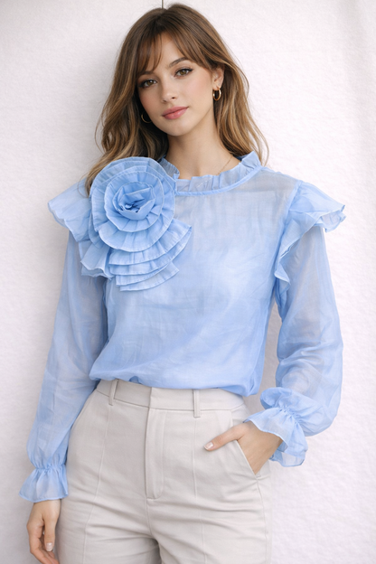 3D Floral Decorate Semi-sheer Puff Sleeve Chiffon Blouse Women's Shirt