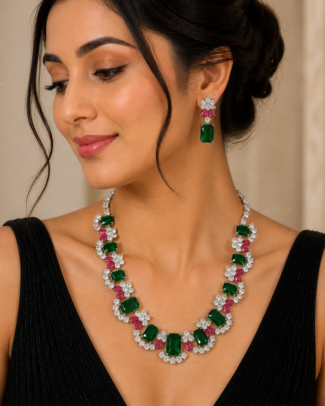 Elegant Flower Design Pink & Green Diamonds Necklace Set