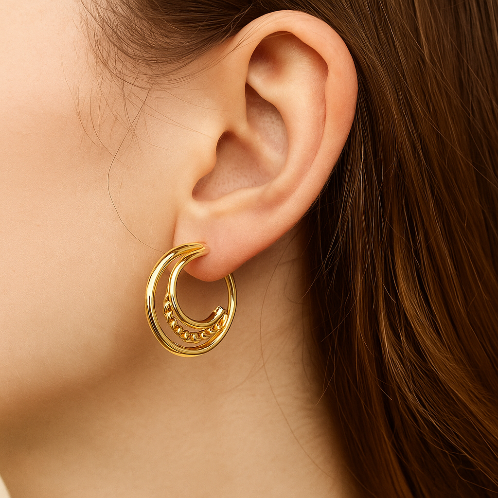 Gold Plated Moon Style Three Layer Party Wear Earring
