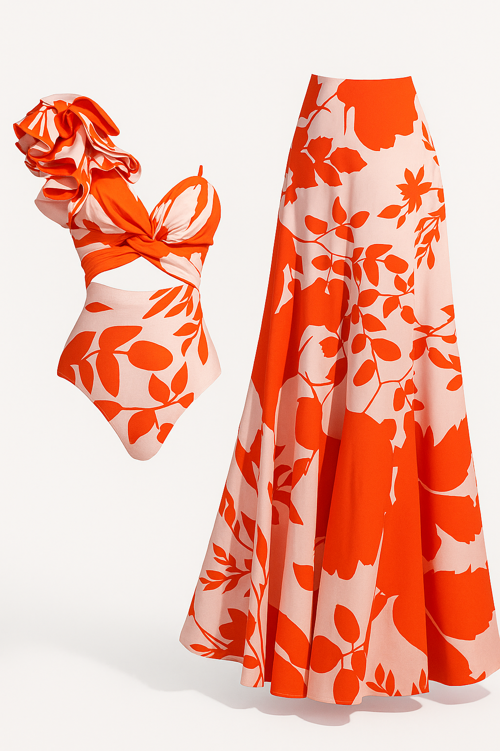 Orange ruffed swimming suit with skirt